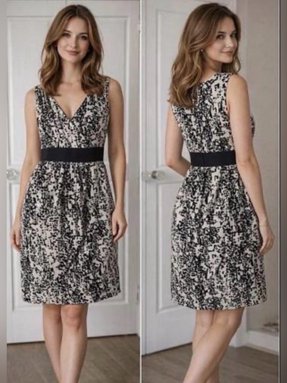 H&M |Abstract Print |V-Neck |Sleeveless Dress wPockets |Black & Cream |Size 8
